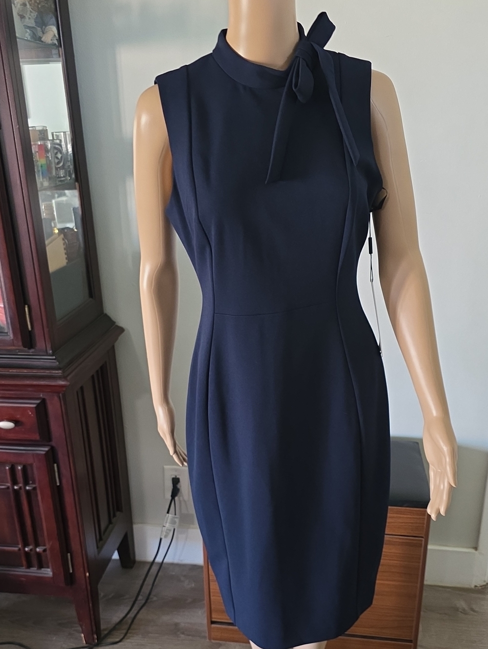 Calvin Klein Navy Sleeveless Tie-Neck Sheath Dress